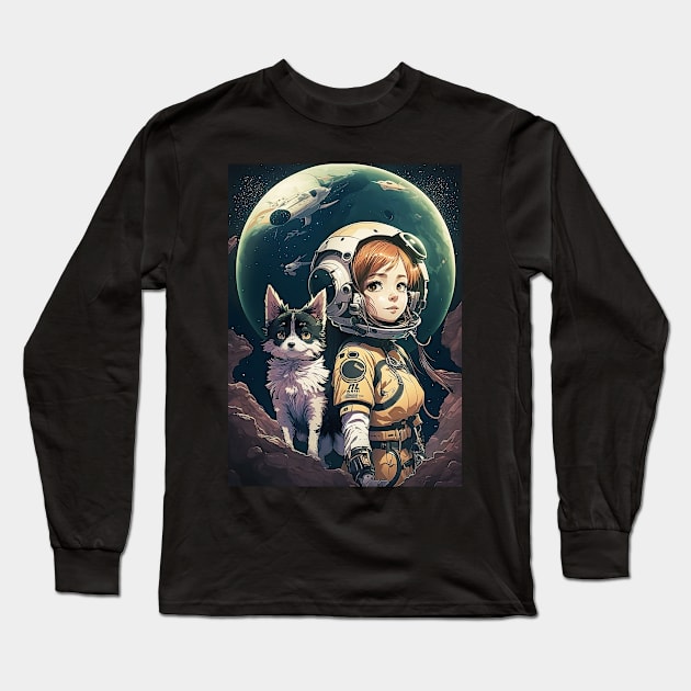 Girl & Dog in Space Fantastic Japanese Anime Retro 80s Long Sleeve T-Shirt by Ai Wanderer